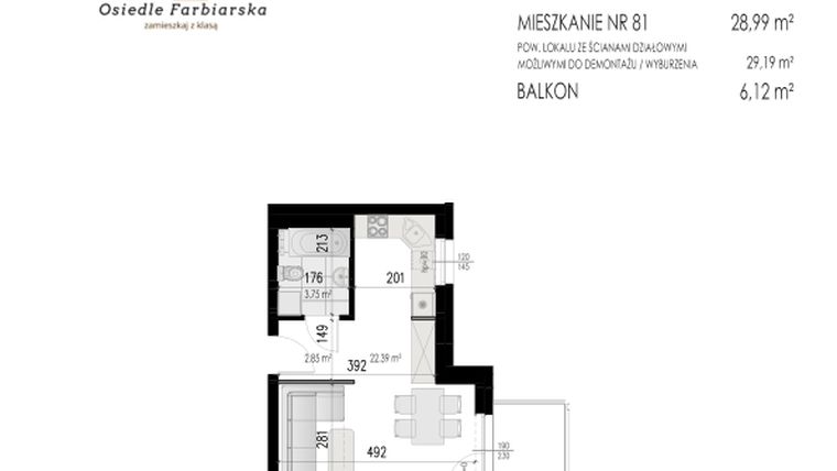 Rzut - Mieszkanie na sprzedaż 1 pokój o powierzchni 28,99 m² - numer B.81 w Osiedle Farbiarska II