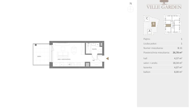 Rzut - Mieszkanie na sprzedaż 1 pokój o powierzchni 26,78 m² - numer B.11 w Ville Garden