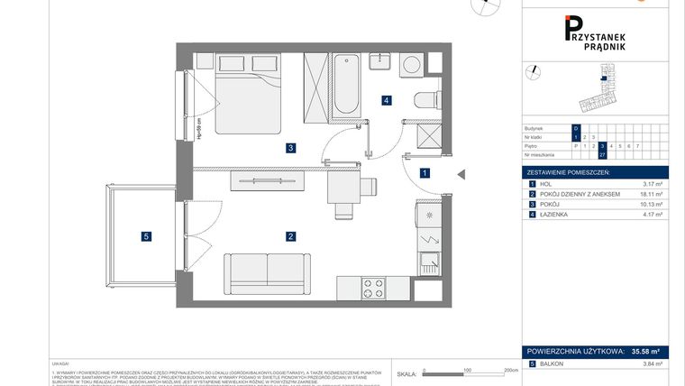 Rzut - Mieszkanie na sprzedaż 2 pokoje o powierzchni 35,58 m² - numer 27 w Przystanek Prądnik