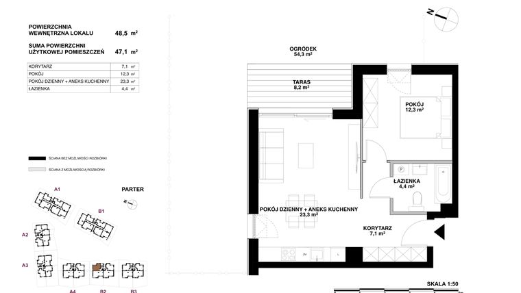 Rzut - Mieszkanie na sprzedaż 2 pokoje o powierzchni 48,5 m² - numer B2.02 w Oliwski Park