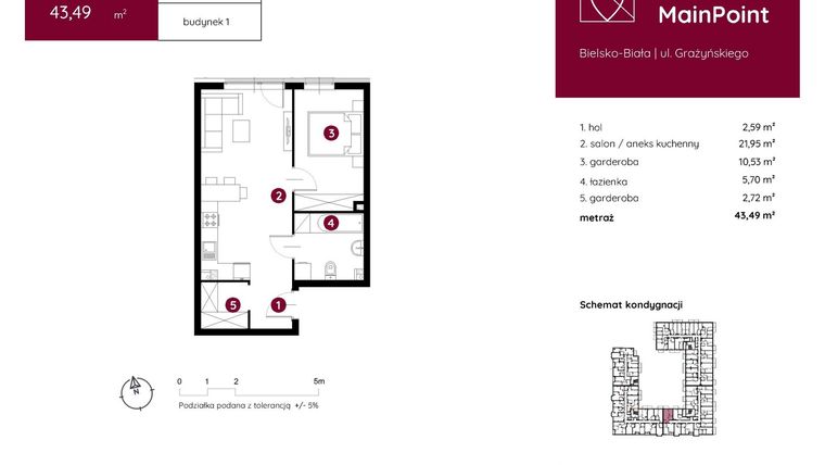 Rzut - Mieszkanie na sprzedaż 1 pokój o powierzchni 43,49 m² - numer 1.B.1.11 w Murapol MainPoint