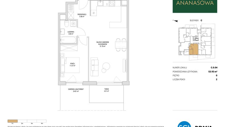 Rzut - Mieszkanie na sprzedaż 2 pokoje o powierzchni 53,93 m² - numer C.0.04 w Ananasowa