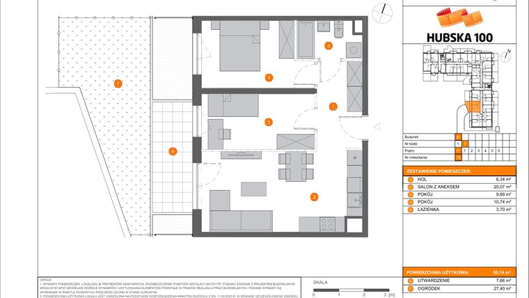 Rzut - Mieszkanie na sprzedaż 3 pokoje o powierzchni 50,74 m² - numer B.15 w Hubska 100