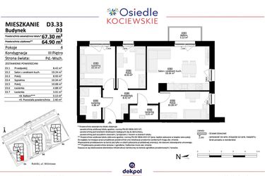 Rzut - Mieszkanie na sprzedaż 4 pokoje o powierzchni 64,9 m² - numer D3.33 w Osiedle Kociewskie etap IV