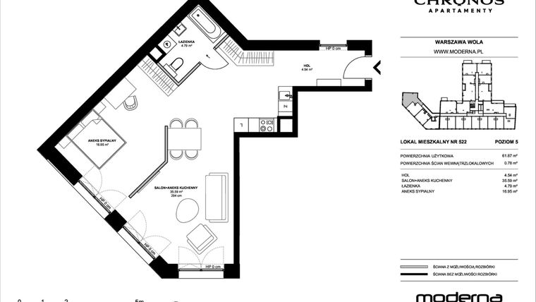 Rzut - Mieszkanie na sprzedaż 2 pokoje o powierzchni 61,87 m² - numer 522 w Chronos etap II