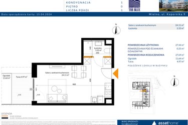 Rzut - Mieszkanie na sprzedaż 1 pokój o powierzchni 27,69 m² - numer 0.01 w The Blue