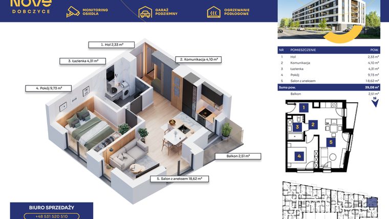 Rzut - Mieszkanie na sprzedaż 2 pokoje o powierzchni 39,08 m² - numer M06 w Nove Dobczyce