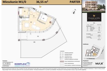 Rzut - Mieszkanie na sprzedaż 2 pokoje o powierzchni 36,7 m² - numer M1 w Przystań na Klifie