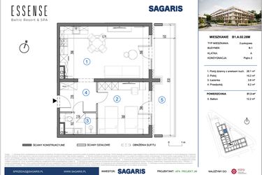 Rzut - Mieszkanie na sprzedaż 2 pokoje o powierzchni 51,3 m² - numer B1.A.02.28M w ESSENSE Baltic Resort&SPA 2