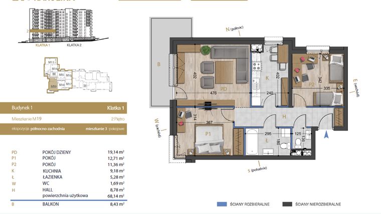 Rzut - Mieszkanie na sprzedaż 3 pokoje o powierzchni 68,14 m² - numer 19 w Osiedle Dakar Karolina