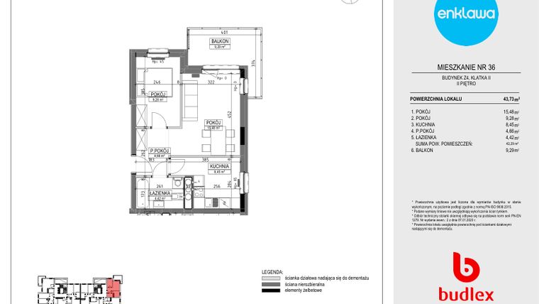 Rzut - Mieszkanie na sprzedaż 2 pokoje o powierzchni 44,89 m² - numer Z4.36 w Enklawa Apartamenty Z4 i Z5