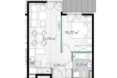 Rzut - Mieszkanie na sprzedaż 2 pokoje o powierzchni 40,52 m² - numer A.02.12 w Do Wilgi