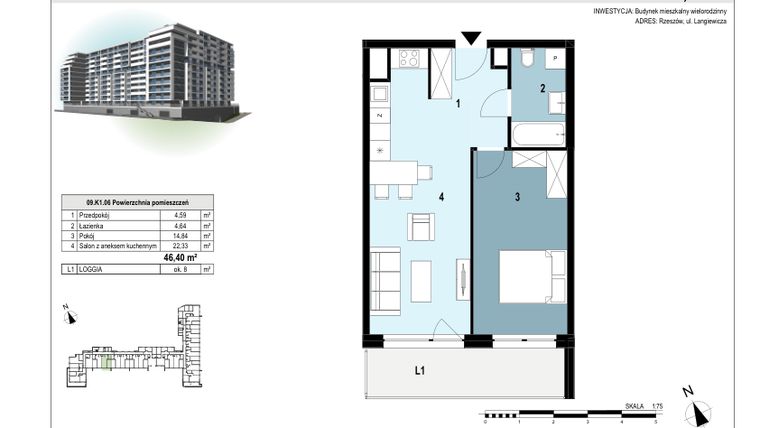 Rzut - Mieszkanie na sprzedaż 2 pokoje o powierzchni 46,44 m² - numer 09.K1.06 w Langiewicza 37