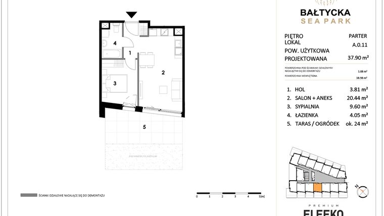 Rzut - Mieszkanie na sprzedaż 2 pokoje o powierzchni 37,9 m² - numer A.0.11 w Bałtycka Sea Park