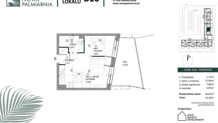 Rzut - Mieszkanie na sprzedaż 1 pokój o powierzchni 30,67 m² - numer B16 w Nowa Palmiarnia