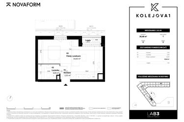 Rzut - Mieszkanie na sprzedaż 1 pokój o powierzchni 30,68 m² - numer C-02-09 w Kolejova 1