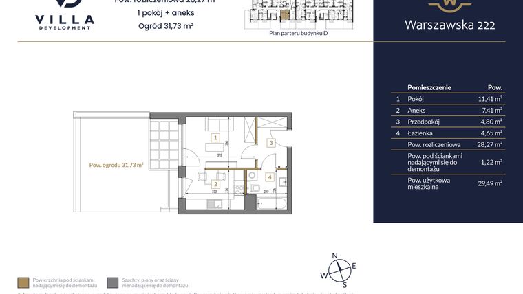 Rzut - Mieszkanie na sprzedaż 1 pokój o powierzchni 28,27 m² - numer 44 w Warszawska 222 bud. D