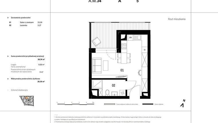 Rzut - Mieszkanie na sprzedaż 1 pokój o powierzchni 29,13 m² - numer A.M.34 w VIDOK