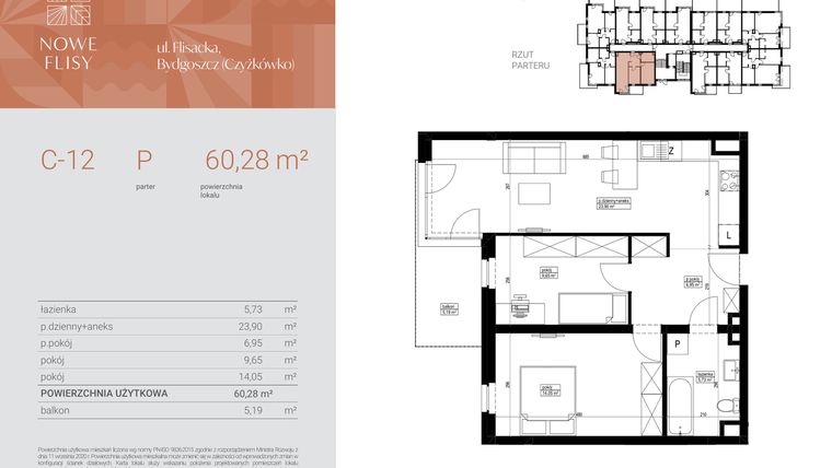 Rzut - Mieszkanie na sprzedaż 3 pokoje o powierzchni 60,28 m² - numer M12_NF.c w Nowe Flisy II