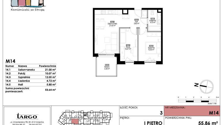 Rzut - Mieszkanie na sprzedaż 3 pokoje o powierzchni 53,64 m² - numer M14 w Kamieniczki za Strugą