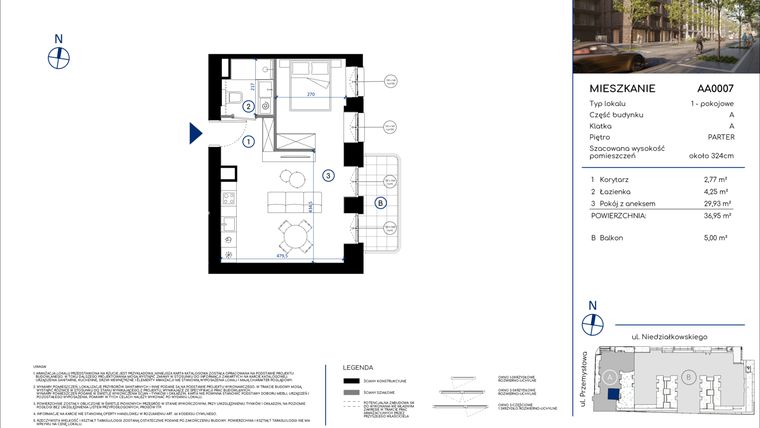 Rzut - Mieszkanie na sprzedaż 1 pokój o powierzchni 36,95 m² - numer AA0007 w Niedziałkowskiego Park