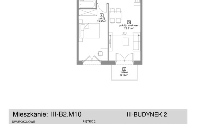 Rzut - Mieszkanie na sprzedaż 2 pokoje o powierzchni 45,07 m² - numer III-B2.M10 w Strefa Cegielnia 3