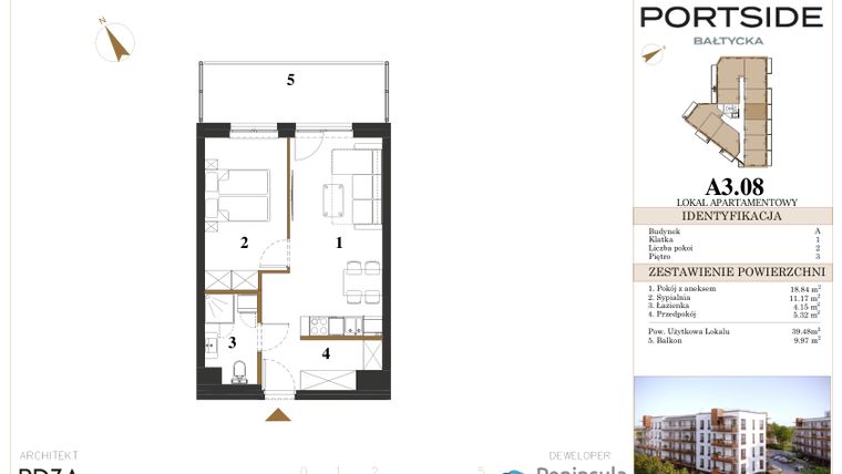 Rzut - Mieszkanie na sprzedaż 2 pokoje o powierzchni 39,48 m² - numer A3.08 w Portside Bałtycka