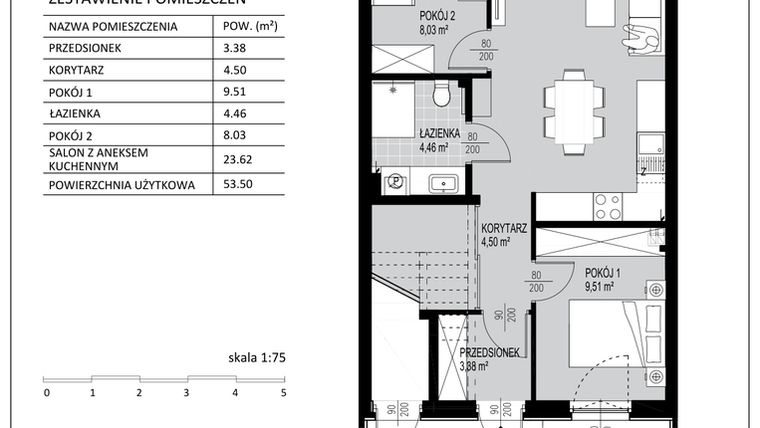 Rzut - Mieszkanie na sprzedaż 3 pokoje o powierzchni 53,5 m² - numer D5 w Kowalove etap 2