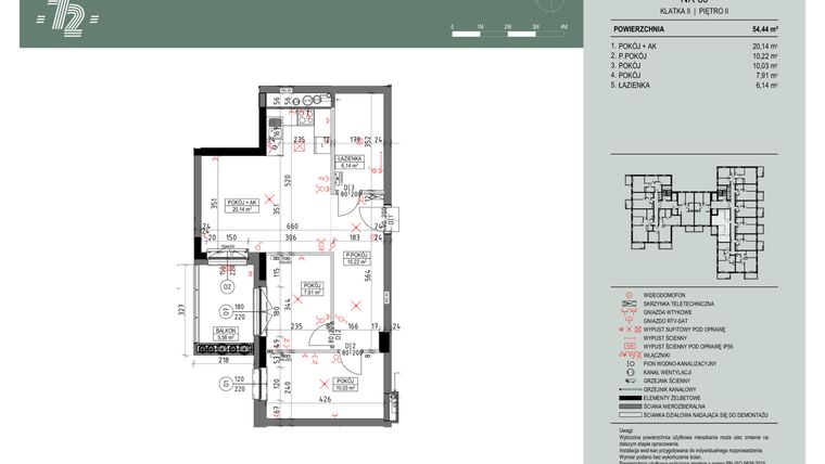 Rzut - Mieszkanie na sprzedaż 3 pokoje o powierzchni 54,49 m² - numer 60 w Wspólnota Mieszkaniowa Gajowa 72