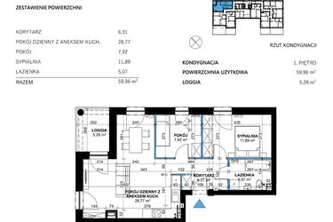 Rzut - Mieszkanie na sprzedaż 3 pokoje o powierzchni 59,97 m² - numer 1 w Comfort Corner