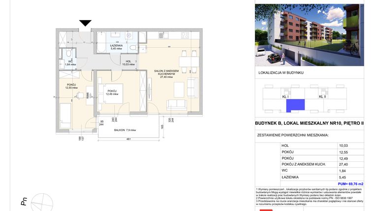 Rzut - Mieszkanie na sprzedaż 3 pokoje o powierzchni 69,76 m² - numer B.10 w Wólczańska 248 - etap II