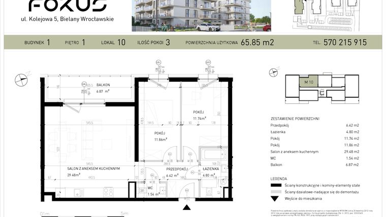 Rzut - Mieszkanie na sprzedaż 3 pokoje o powierzchni 65,85 m² - numer B1-10 w Fokus Bielany
