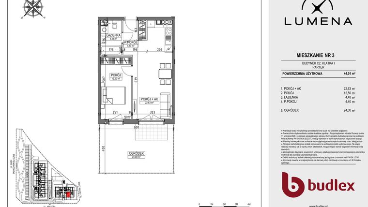 Rzut - Mieszkanie na sprzedaż 2 pokoje o powierzchni 44,01 m² - numer C2.03 w Lumena