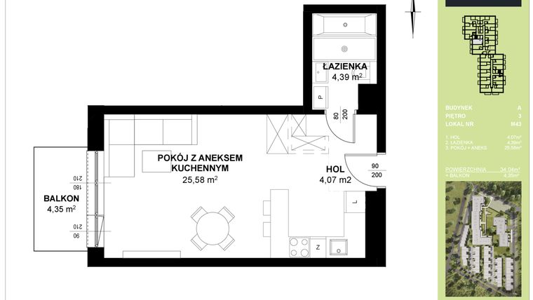 Rzut - Mieszkanie na sprzedaż 1 pokój o powierzchni 34,04 m² - numer A_M43 w Triton Kampinos III
