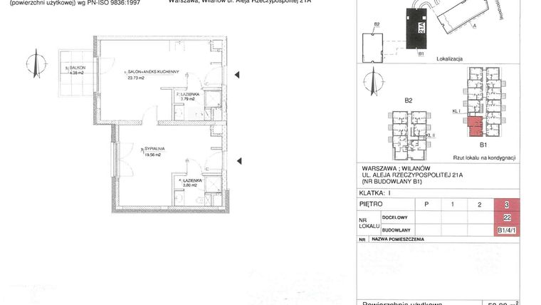 Rzut - Mieszkanie na sprzedaż 2 pokoje o powierzchni 50,88 m² - numer 22 w RZ21