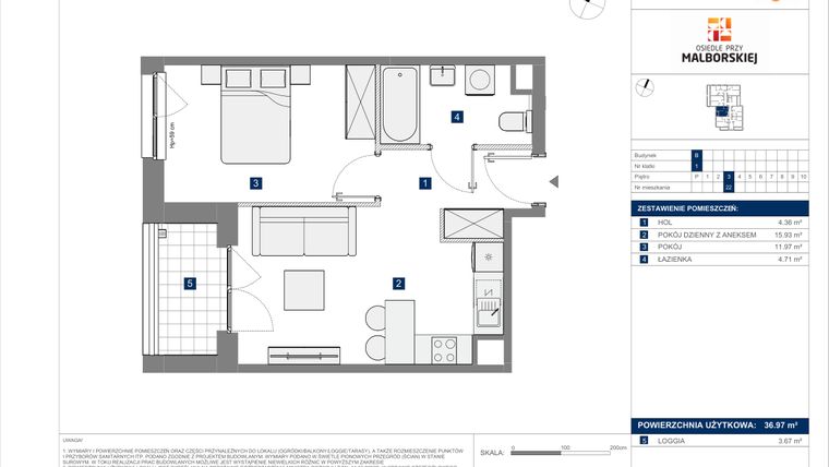 Rzut - Mieszkanie na sprzedaż 2 pokoje o powierzchni 36,97 m² - numer B.22 w Osiedle przy Malborskiej II