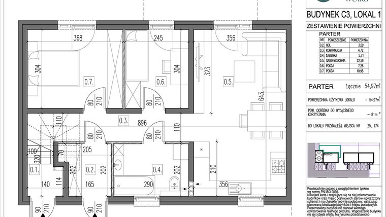 Rzut - Mieszkanie na sprzedaż 3 pokoje o powierzchni 54,97 m² - numer C3/1 w Spokojna Wólka etap IV