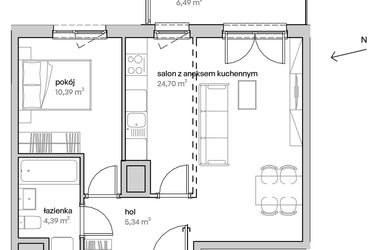 Rzut - Mieszkanie na sprzedaż 2 pokoje o powierzchni 44,82 m² - numer A.03.034 w Unii Lubelskiej Vita