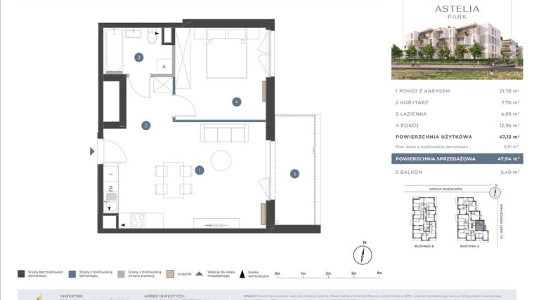 Rzut - Mieszkanie na sprzedaż 2 pokoje o powierzchni 47,13 m² - numer 1A.1A.14 w Astelia Park etap 1A i 3