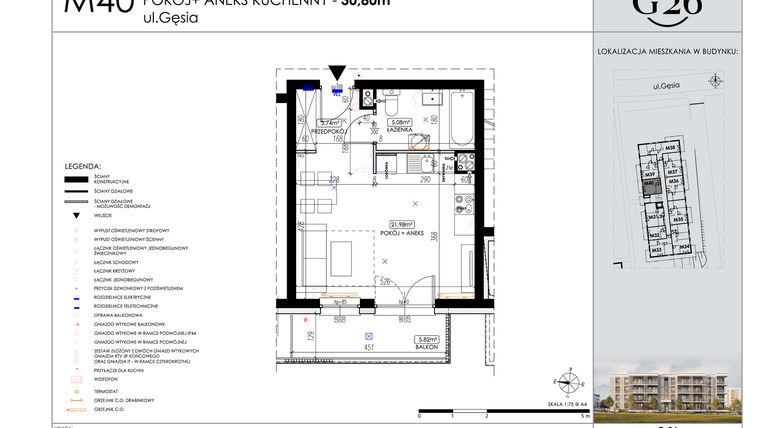 Rzut - Mieszkanie na sprzedaż 1 pokój o powierzchni 30,8 m² - numer 40 w Gęsia 26