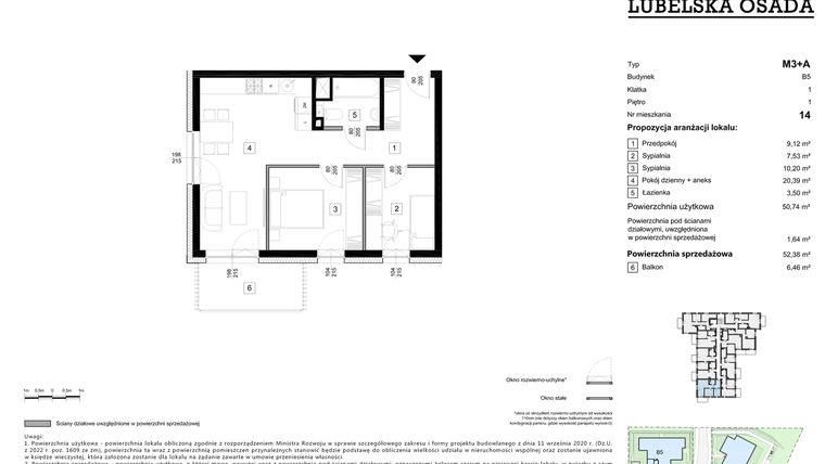 Rzut - Mieszkanie na sprzedaż 3 pokoje o powierzchni 52,38 m² - numer B5.14 w Lubelska Osada budynek B5