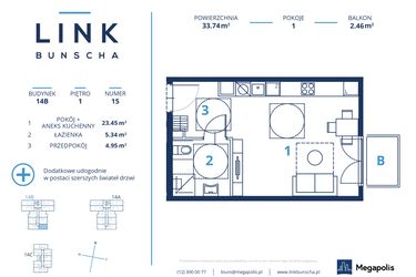 Rzut - Mieszkanie na sprzedaż 1 pokój o powierzchni 33,74 m² - numer 14B.15 w LINK BUNSCHA
