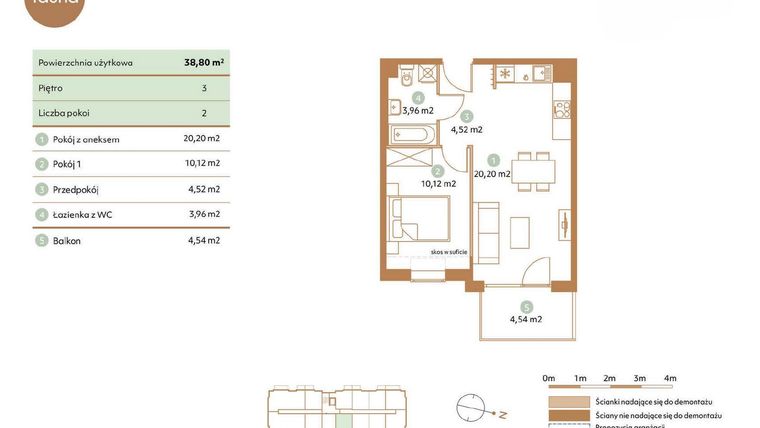 Rzut - Mieszkanie na sprzedaż 2 pokoje o powierzchni 38,8 m² - numer D53-3 w Fauna