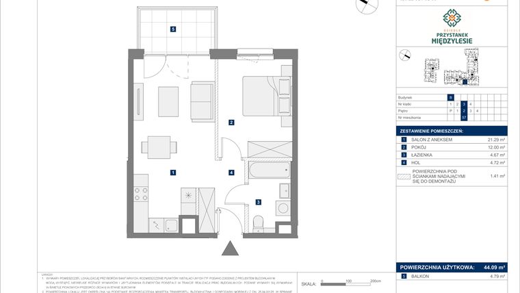 Rzut - Mieszkanie na sprzedaż 2 pokoje o powierzchni 44,09 m² - numer B.57 w Osiedle Przystanek Międzylesie
