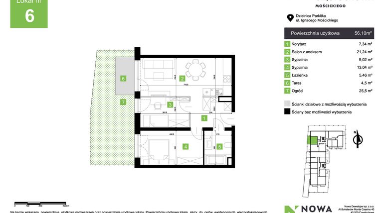Rzut - Mieszkanie na sprzedaż 3 pokoje o powierzchni 56,1 m² - numer M6 w Nowa Częstochowa Mościckiego
