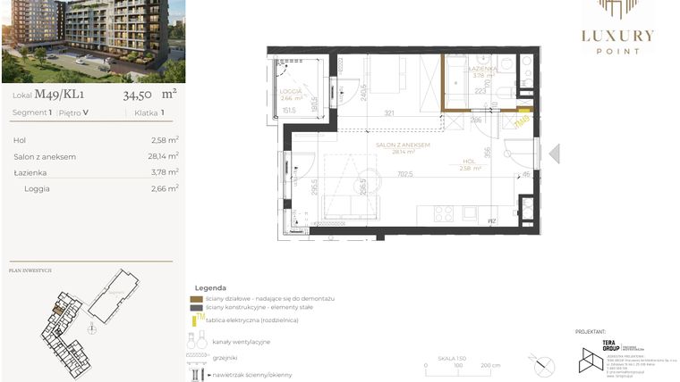 Rzut - Mieszkanie na sprzedaż 1 pokój o powierzchni 34,5 m² - numer M49/KL1 w LUXURY POINT