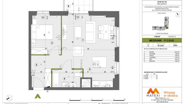 Rzut - Mieszkanie na sprzedaż 2 pokoje o powierzchni 47,19 m² - numer F1.C.03.03 w XYZ Place