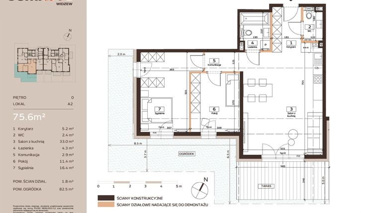 Rzut - Mieszkanie na sprzedaż 3 pokoje o powierzchni 75,6 m² - numer A2 w Domkove Widzew