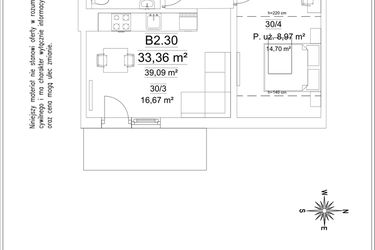 Rzut - Mieszkanie na sprzedaż 2 pokoje o powierzchni 33,36 m² - numer B2.30 w Osiedle Versus