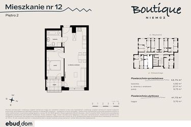 Rzut - Mieszkanie na sprzedaż 2 pokoje o powierzchni 41,72 m² - numer 12 w Boutique NIEMCZ